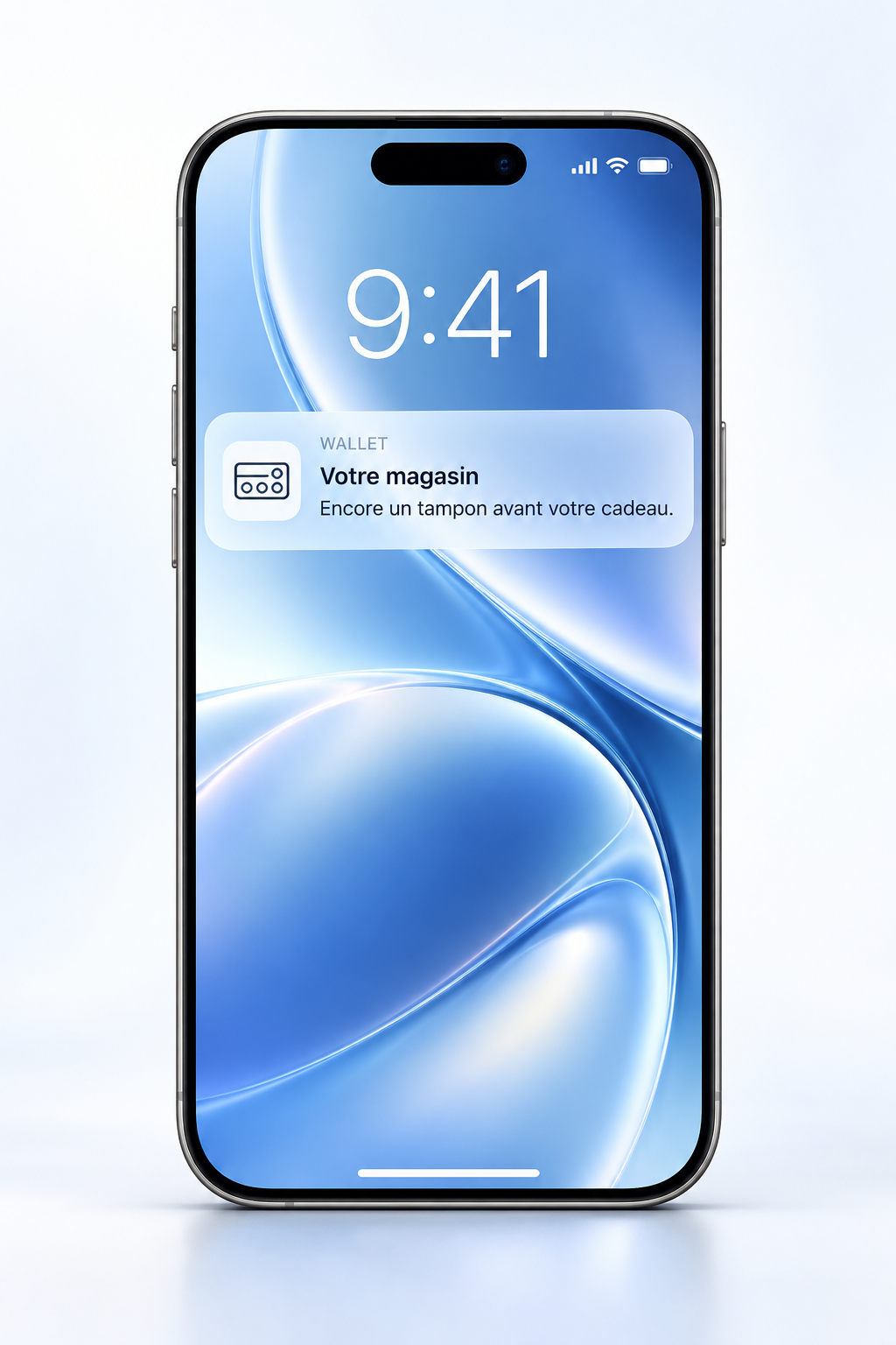 Illustration d’un iPhone affichant une notification Wallet de Votre magasin : Encore un tampon avant votre cadeau.