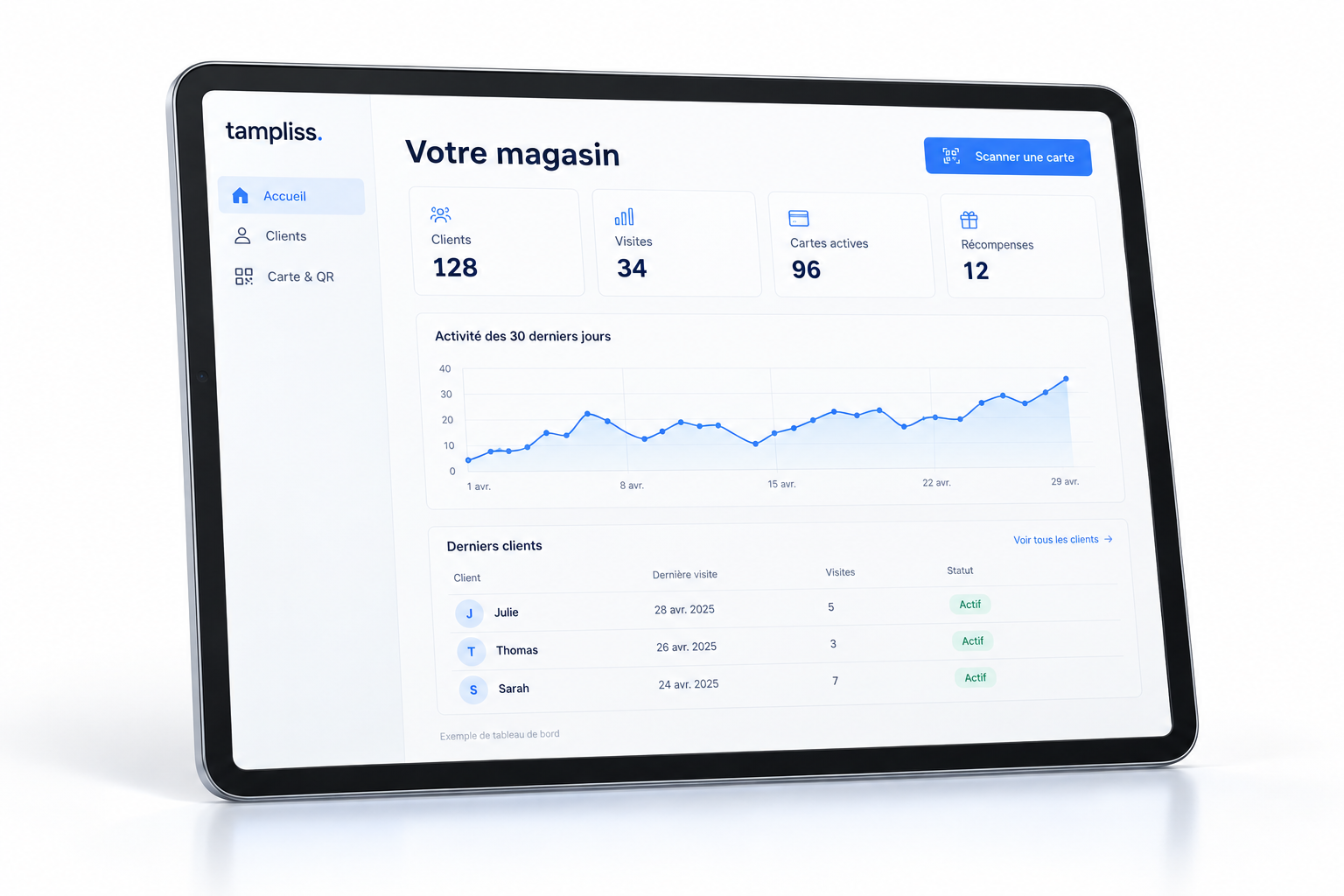 Illustration du tableau de bord Tampliss sur tablette, avec des indicateurs et des clients fictifs.
